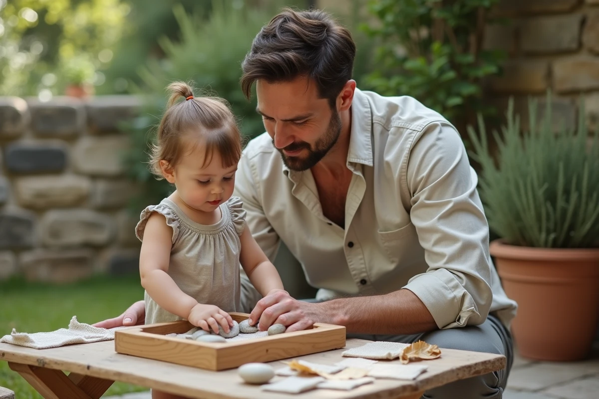 Papa guidant son enfant en bas âge dans une activité sensorielle avec des matières naturelles sur une terrasse de jardin