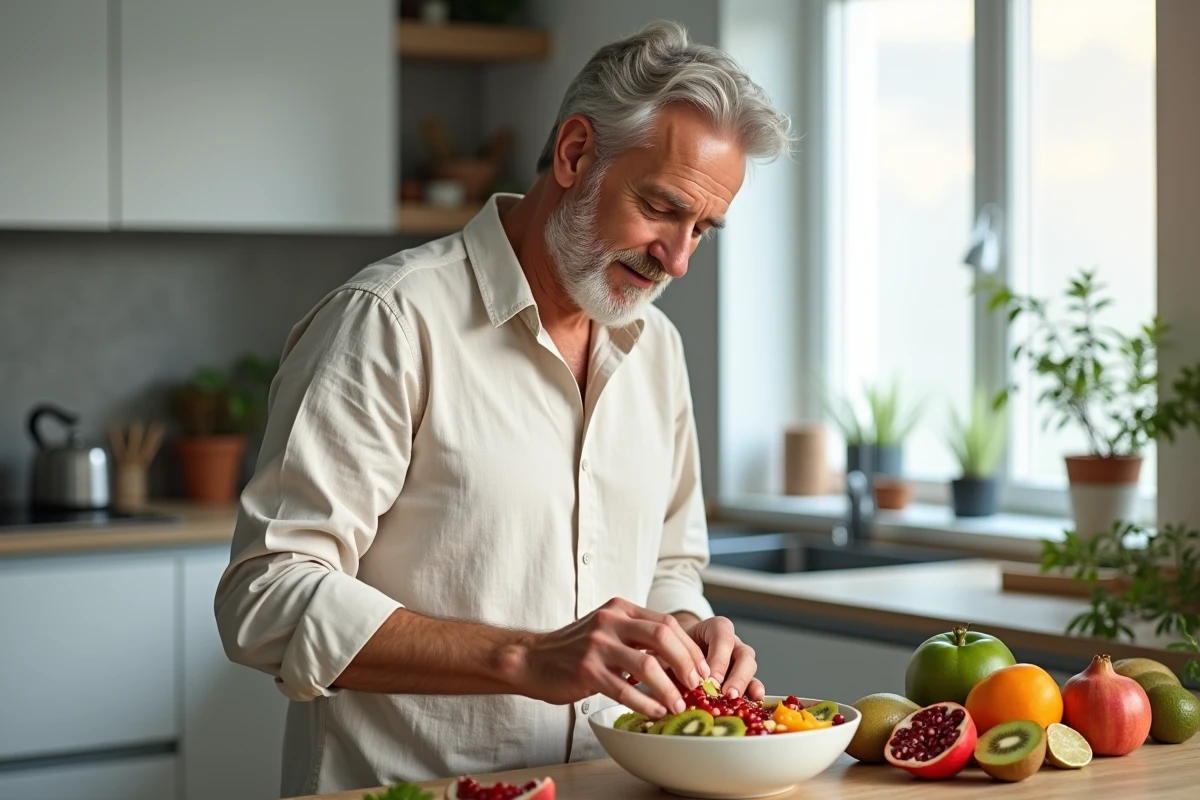 Homme préparant un bol de superaliments et fruits frais dans une cuisine moderne pour prendre soin de sa santé au quotidien