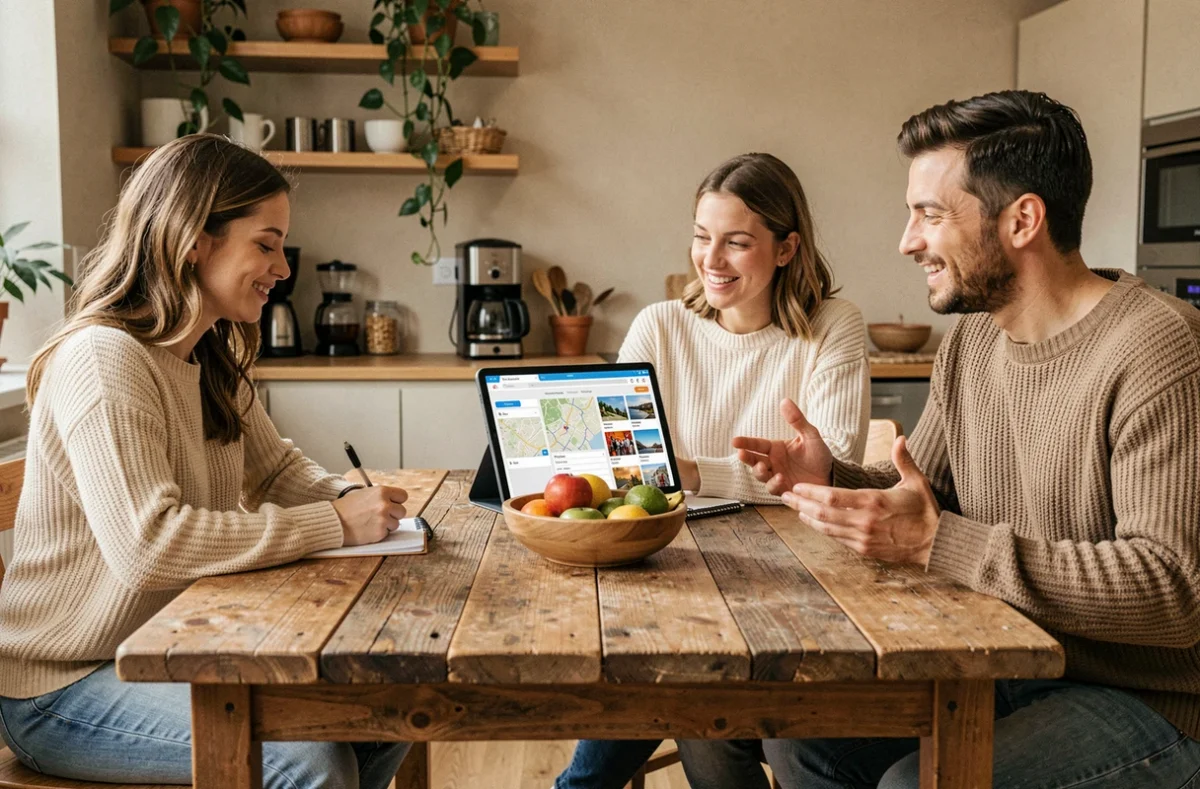 Amis réunis dans un appartement pour organiser des escapades avec une tablette et une application de planification