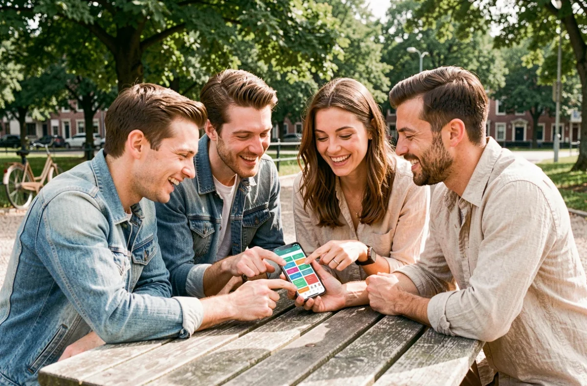 Groupe d'amis planifiant leurs loisirs avec une application sur smartphone dans un parc urbain