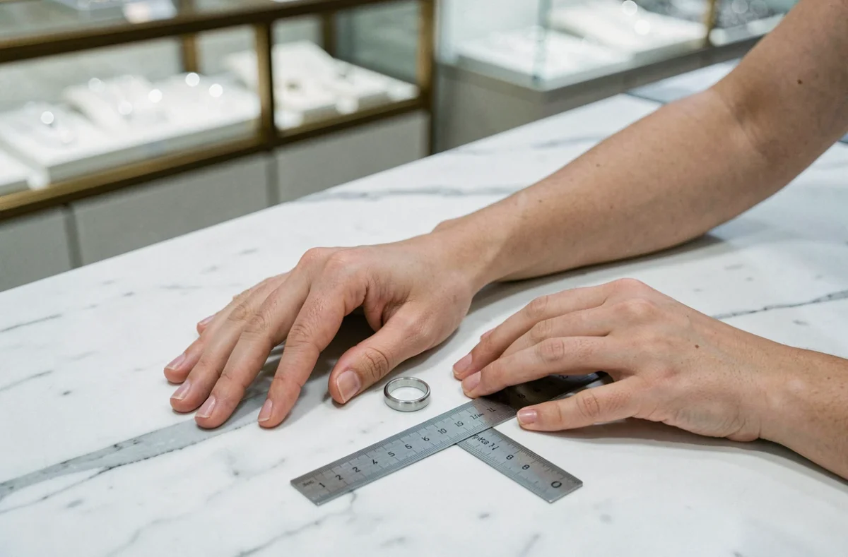 Mains féminines posées sur marbre blanc avec une bague en argent et une règle graduée en millimètres pour mesurer la taille de bague