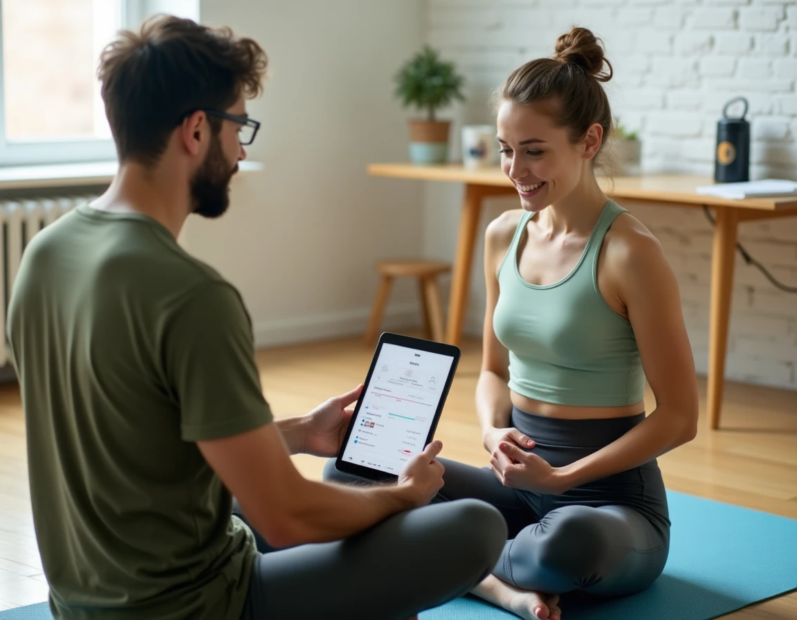 Coach sportif et cliente analysant ensemble un programme d'entraînement personnalisé sur tablette lors d'une séance à domicile