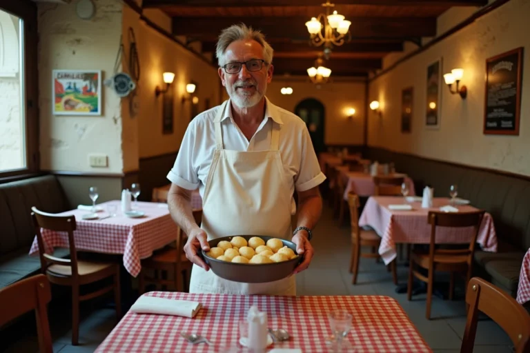 Serveur de bouchon lyonnais apportant des quenelles sur une table à nappe vichy rouge dans un décor authentique et chaleureux