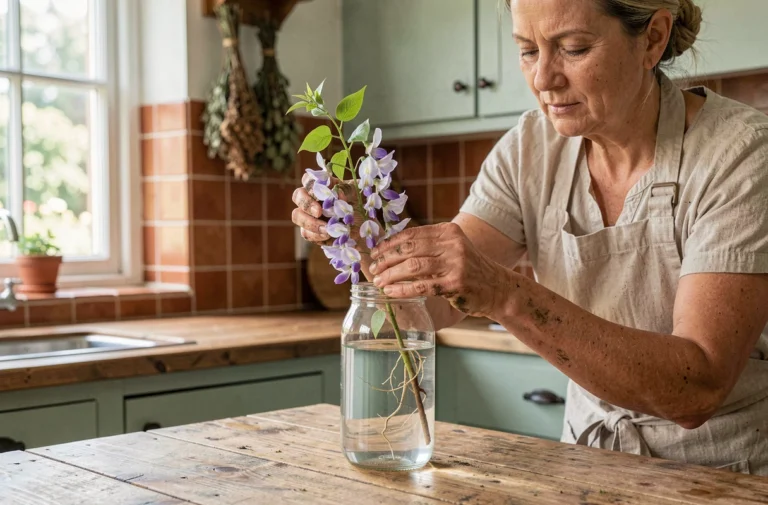 Femme bouturant une glycine dans un bocal en verre rempli d'eau sur une table en bois rustique dans une cuisine de campagne