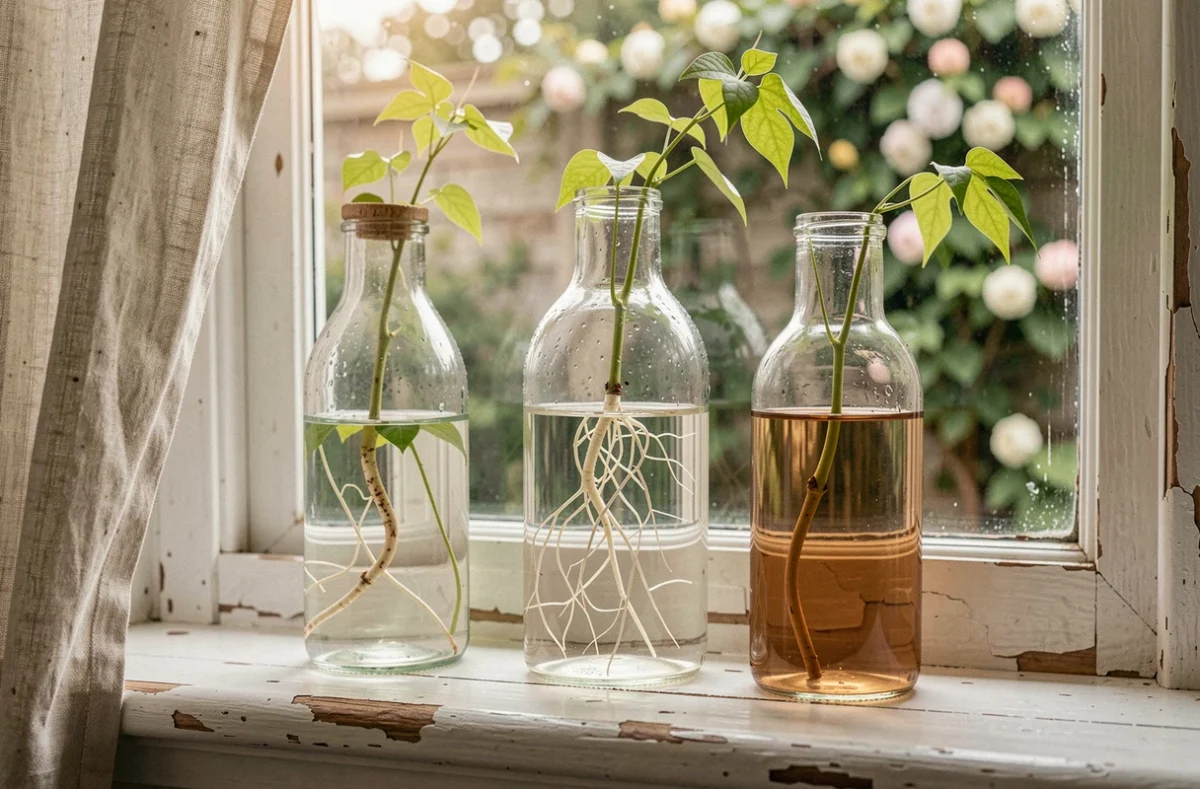 Trois boutures de glycine en cours d'enracinement dans des bouteilles en verre transparentes posées sur un rebord de fenêtre