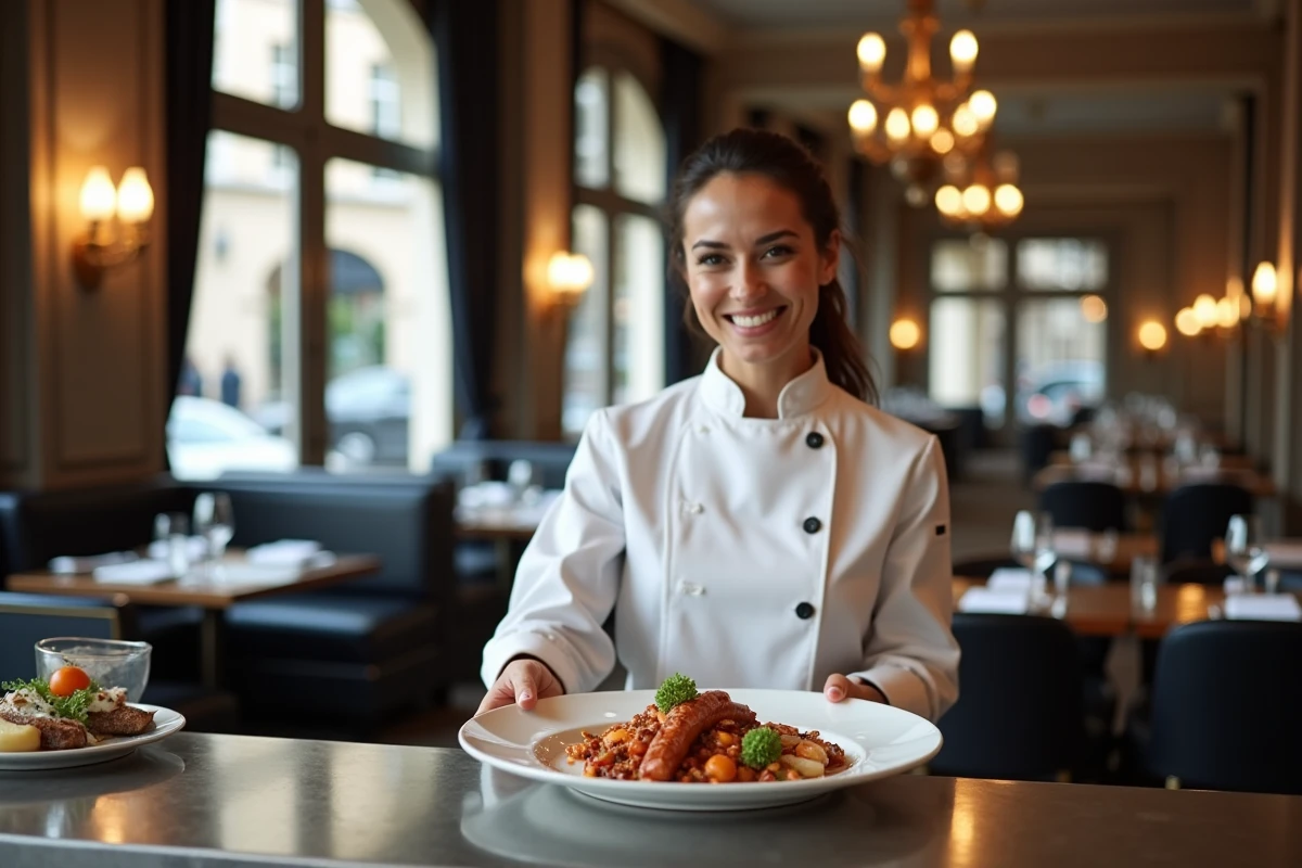 Cheffe cuisinier d'une brasserie lyonnaise dressant une assiette d'andouillette dans une salle élégante aux décors art déco