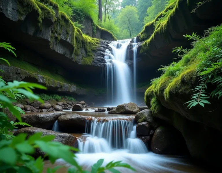Cascade en escaliers sur des rochers de granite moussus dans une forêt de montagne, vue en contre-plongée