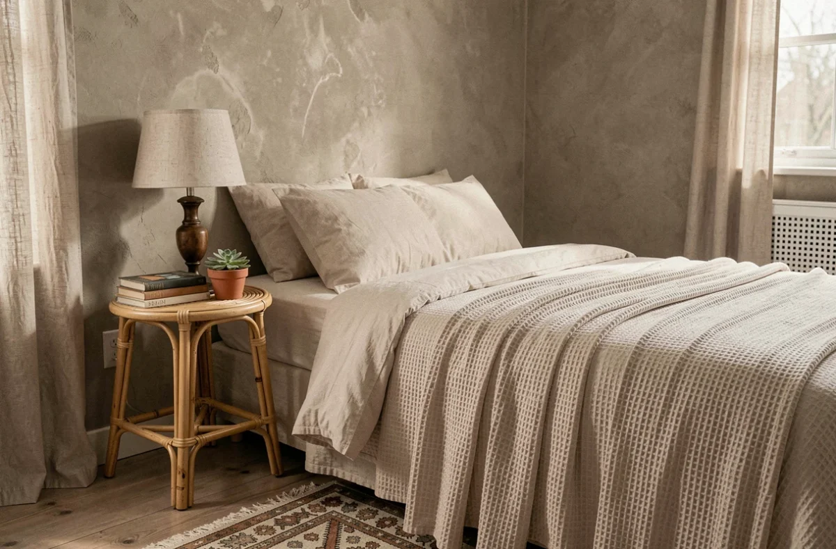 Coin chambre à coucher décoré avec des essentiels de maison, linge de lit en coton, table de chevet en rotin et lampe de style vintage