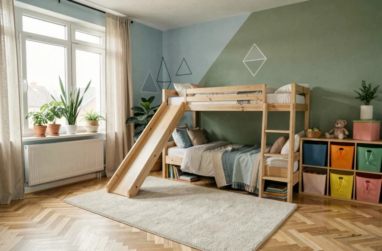 Chambre d'enfant moderne avec lit mezzanine en bois, toboggan intégré et rangements colorés dans un style scandinave épuré