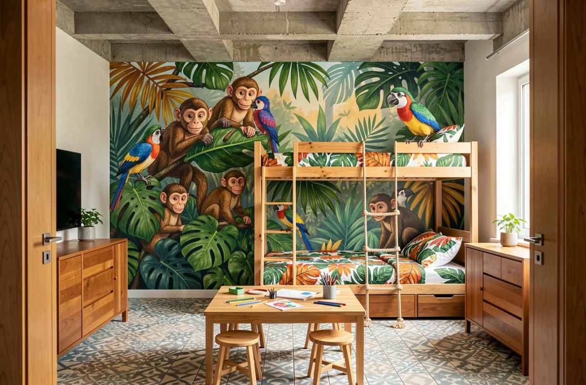 Chambre d'enfant avec mural jungle peint sur le mur, lits superposés en bois et coin activités créatives dans un appartement moderne
