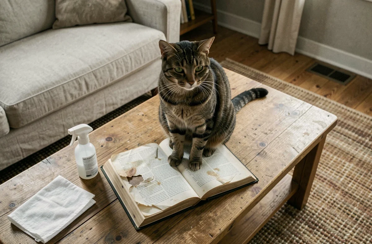 Chat tigré assis sur un livre abîmé avec des produits nettoyants pour éliminer l'odeur d'urine