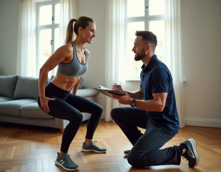 Coach sportif à domicile guidant une femme lors d'un exercice de squat unilatéral dans un salon moderne
