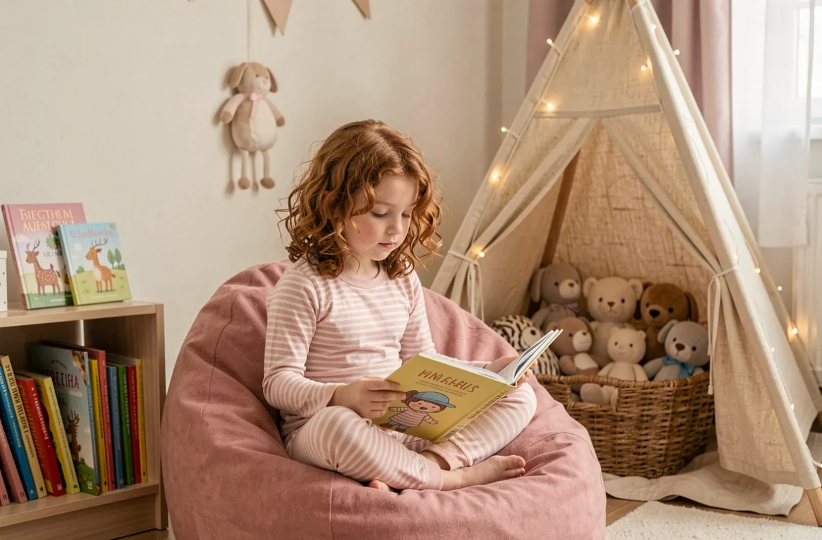 Petite fille lisant dans un coin lecture avec tipi en toile naturelle et guirlande lumineuse dans une chambre d'enfant ludique