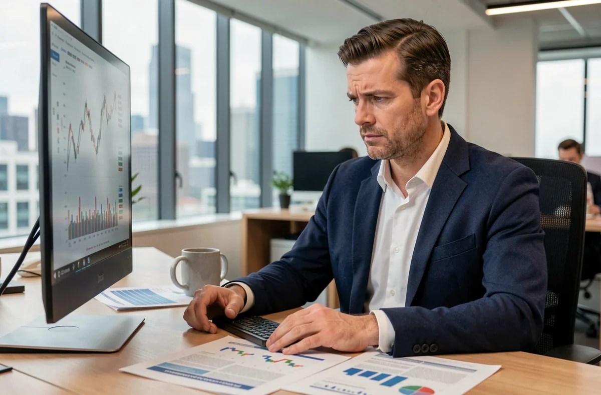 Conseiller financier analysant des graphiques d'investissement sur un écran dans un bureau moderne