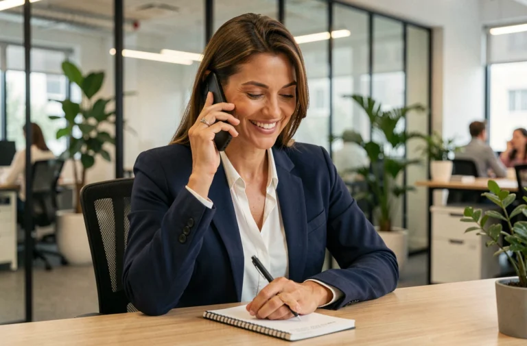 Femme professionnelle contacting une équipe d'experts en marketing par téléphone dans un bureau moderne