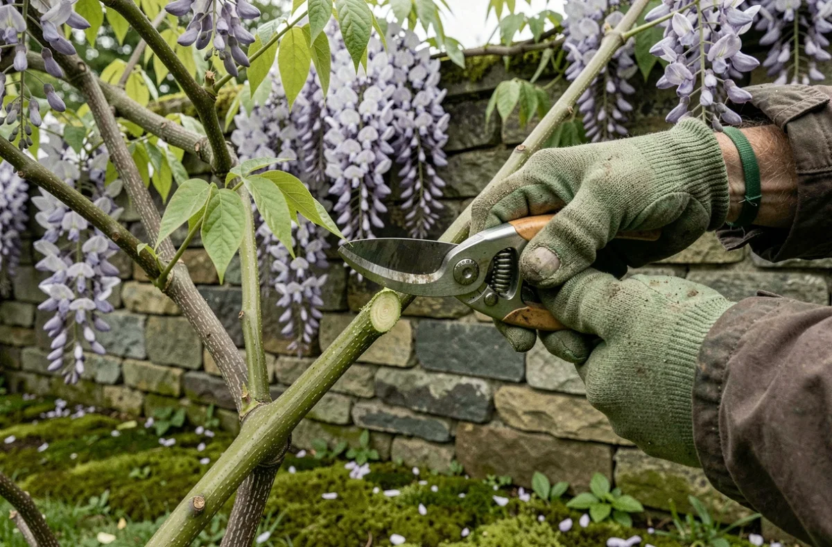 Mains d'un jardinier coupant une bouture de glycine avec un sécateur dans un jardin entouré de murs en pierre