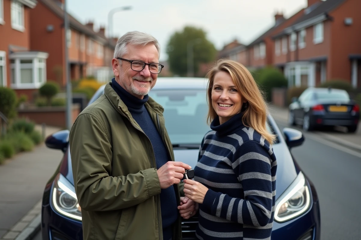 Couple souriant tenant les clés de leur nouvelle voiture d'occasion devant un pavillon résidentiel