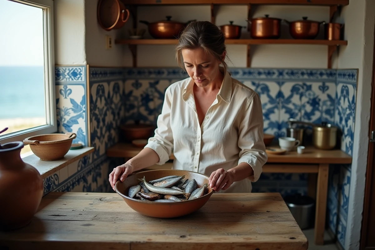 Femme préparant du poisson frais dans une cuisine traditionnelle