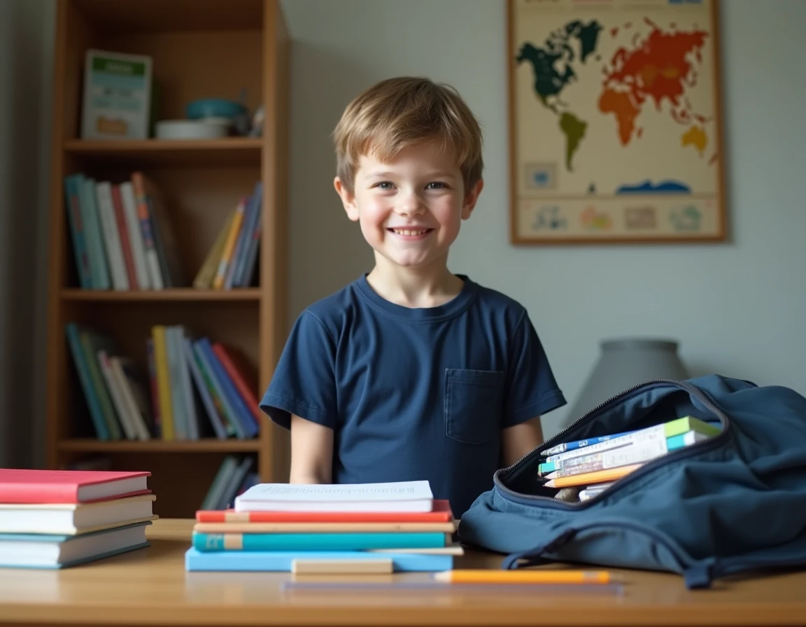 Écolier français préparant son cartable avec les fournitures scolaires pour la rentrée