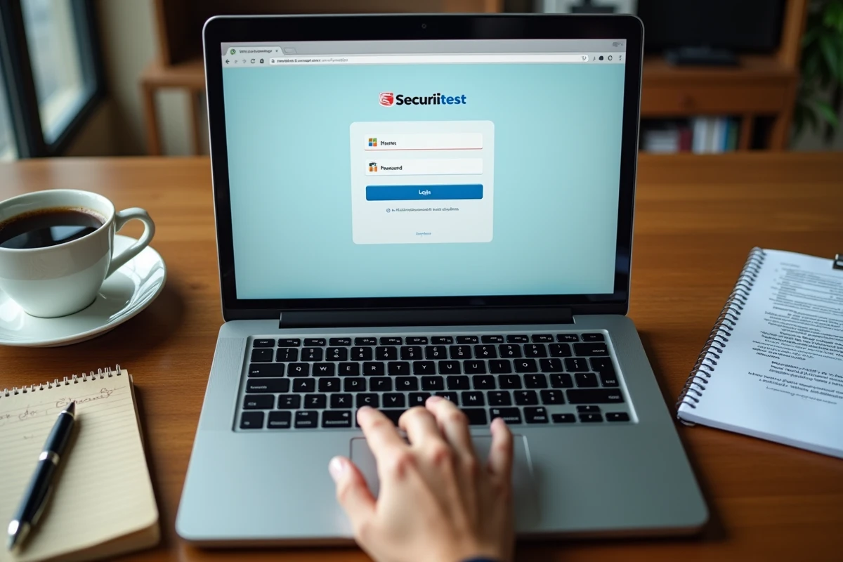Écran d'ordinateur portable affichant la page de connexion de l'espace affilié Securitest sur un bureau de professionnel