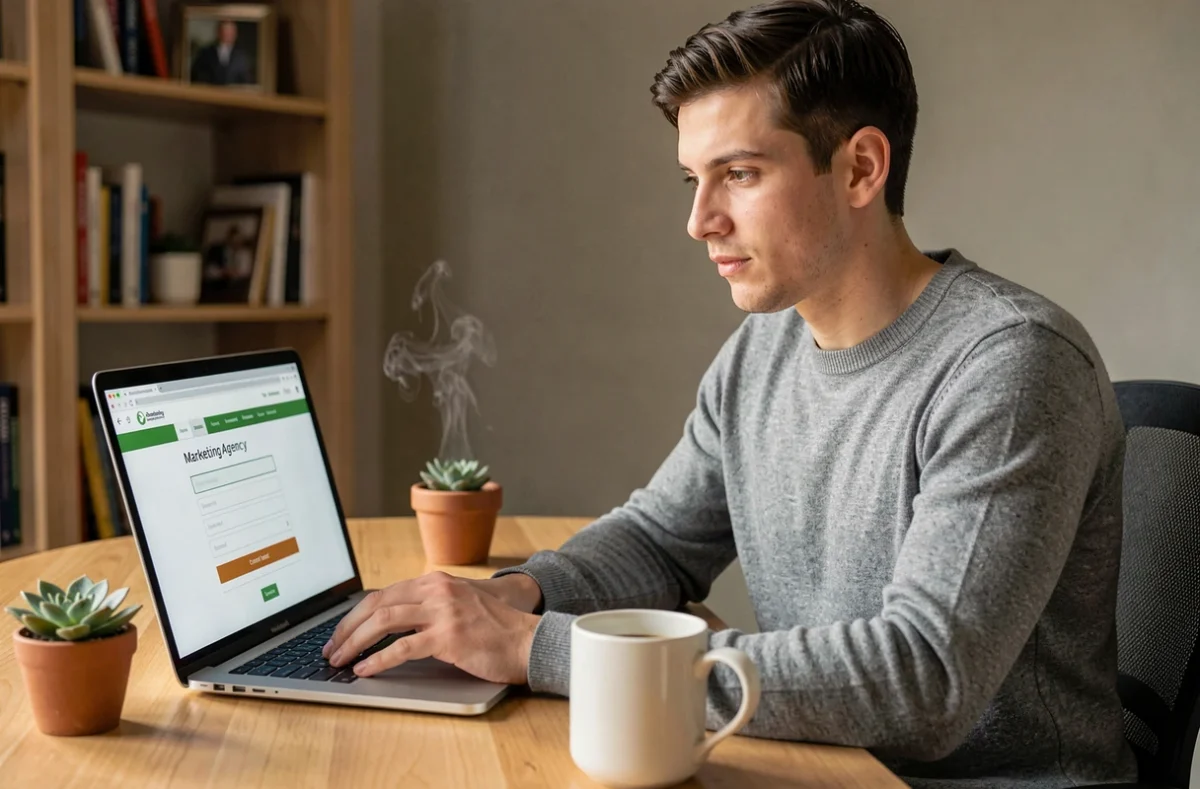 Entrepreneur contactant une agence de marketing en ligne depuis son bureau à domicile