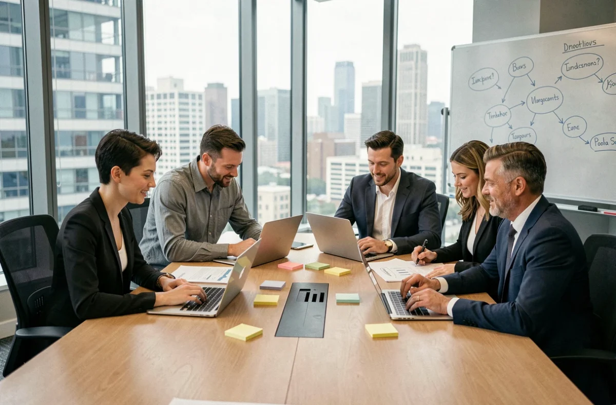 Équipe d'experts en marketing collaborant autour d'une table de réunion avec des rapports de campagne
