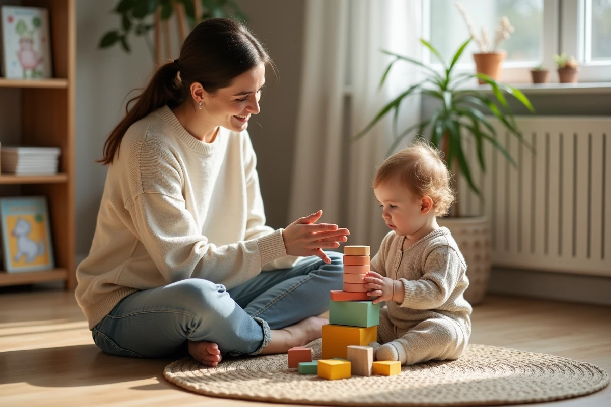 Jeune femme accompagnant un tout-petit dans un jeu d'éveil avec des cubes en bois colorés sur un parquet en chêne