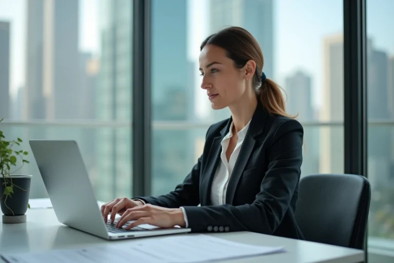 Femme d'affaires au bureau travaillant sur son ordinateur portable