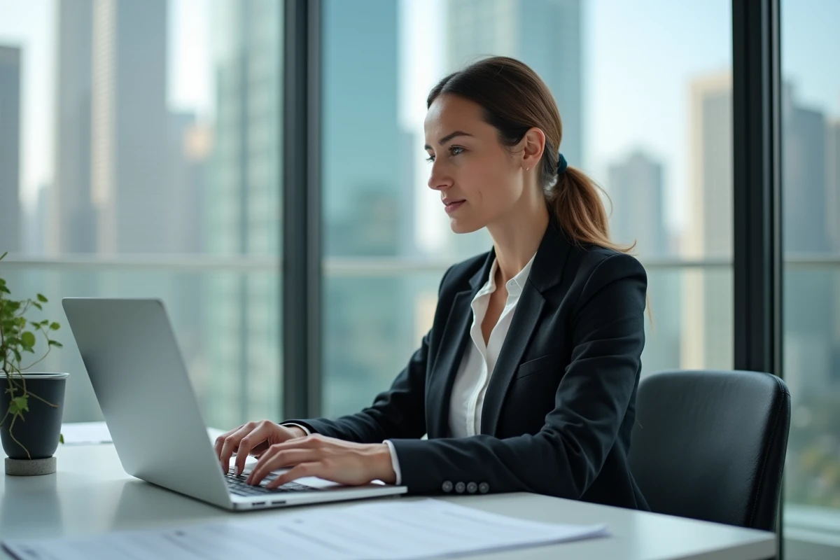 Femme d'affaires au bureau travaillant sur son ordinateur portable