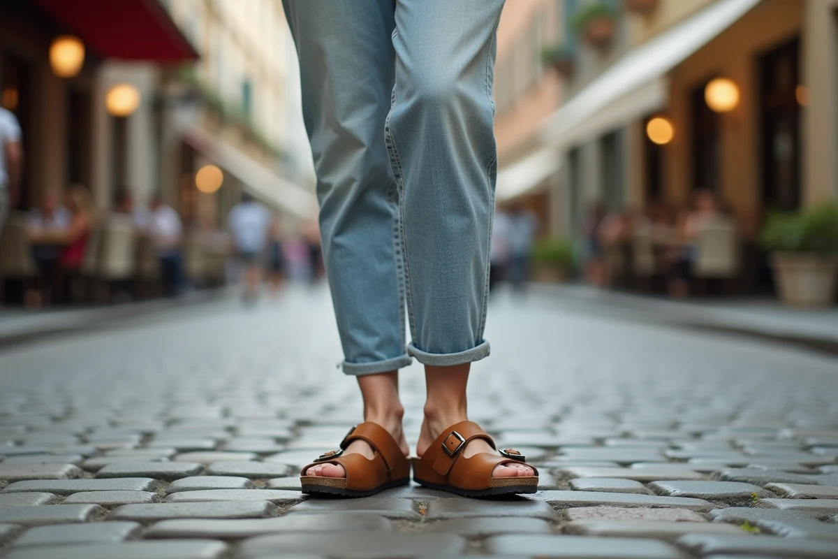 Femme portant des sabots Birkenstock Boston en nubuck huilé dans une rue pavée européenne avec fond de terrasse de café flou