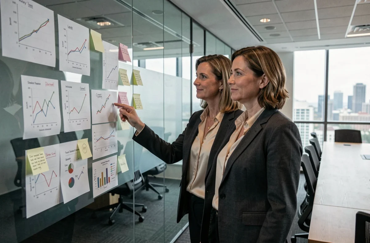 Femme cadre présentant des tendances boursières et conseils d'investissement dans une salle de réunion