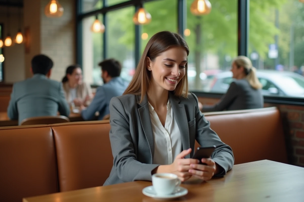 Jeune femme souriante vérifiant ses investissements au café