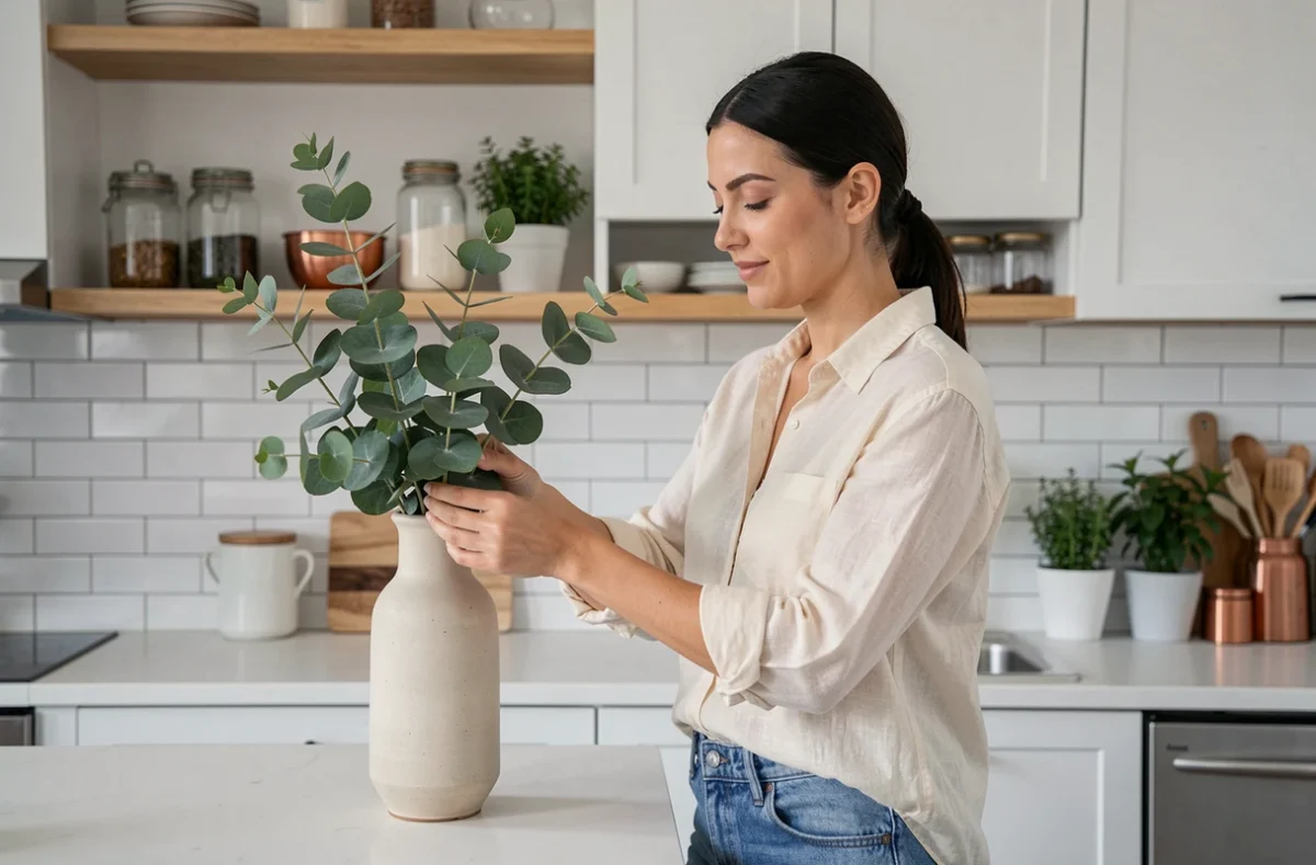 Femme arrangeant des fleurs dans une cuisine moderne avec accessoires décoratifs essentiels pour la maison