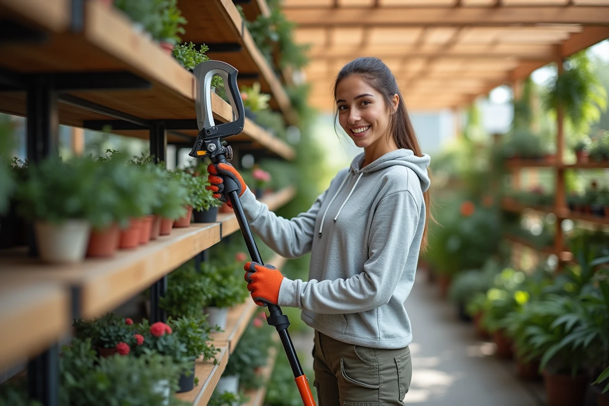 Jeune femme choisit un taille-haie dans un magasin de jardinage