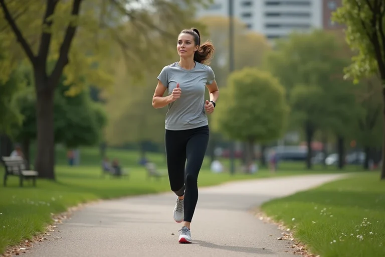 Femme en jogging dans un parc naturel et urbain