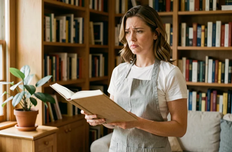 Femme tenant un livre abîmé par une odeur d'urine de chat dans une bibliothèque domestique