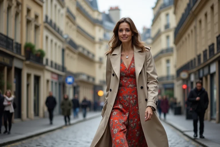 Femme élégante en robe midi et trench dans Paris