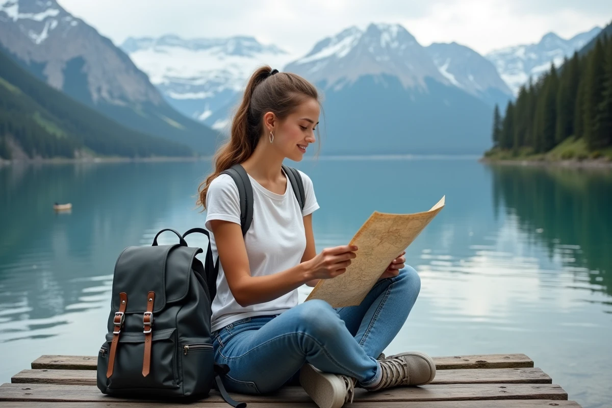 Jeune femme en plein air consulte une carte près d'un lac alpin