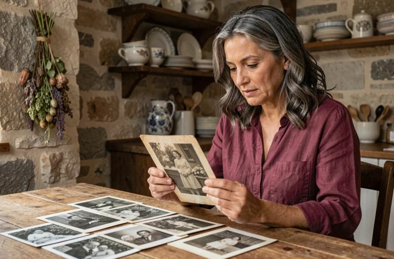 Femme française explorant des photographies de famille anciennes pour retracer ses origines familiales