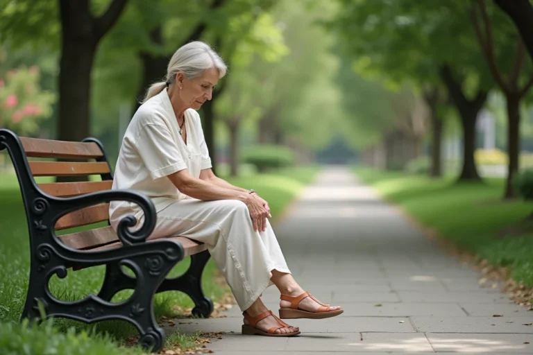 Femme assise sur un banc dans un parc en train d'enfiler des sandales confortables