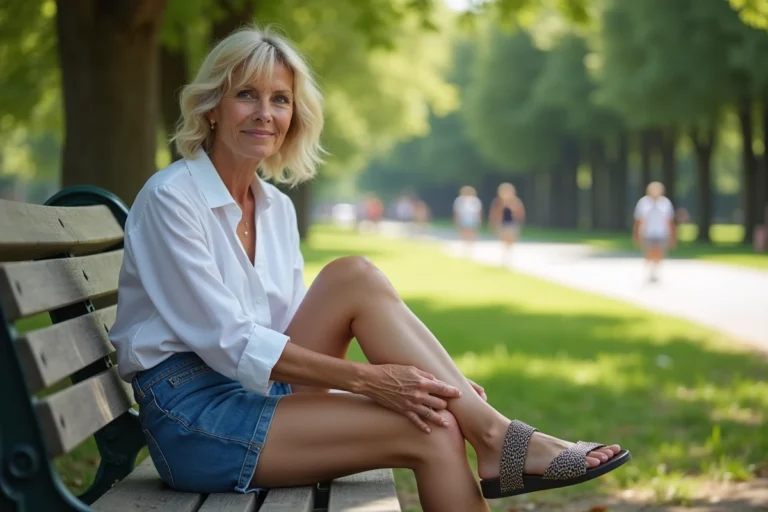 Femme en été essayant des sandales confortables dans un parc