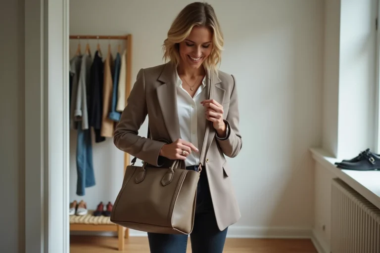 Femme souriante attachant son sac à main en cuir taupe