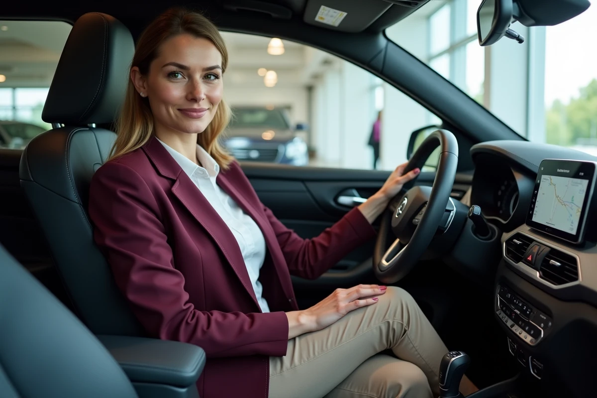Femme au volant d'un SUV neuf dans une salle d'exposition d'un concessionnaire automobile