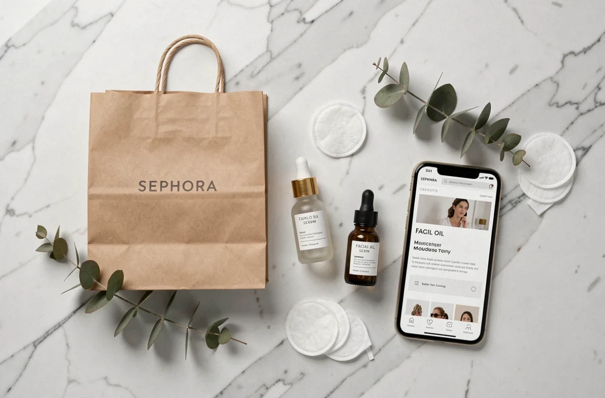 Flat lay de produits de soin minimalistes avec un sac Sephora sur marbre blanc, illustrant la disponibilité des cosmétiques clean en grande surface