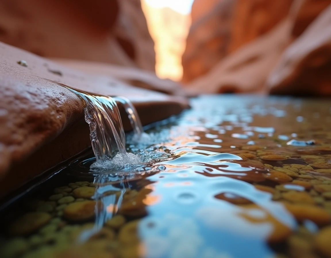 Gros plan d'un filet d'eau en nappe tombant sur une dalle de grès lisse dans un canyon ensoleillé