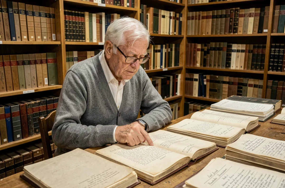 Vieil homme consultant des registres généalogiques dans une salle d'archives pour retrouver ses racines familiales
