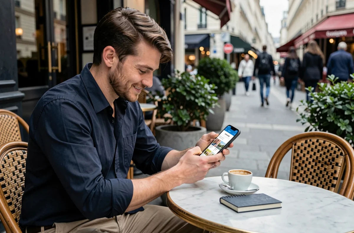 Jeune homme consultant une application de planification de loisirs en terrasse de café à Paris