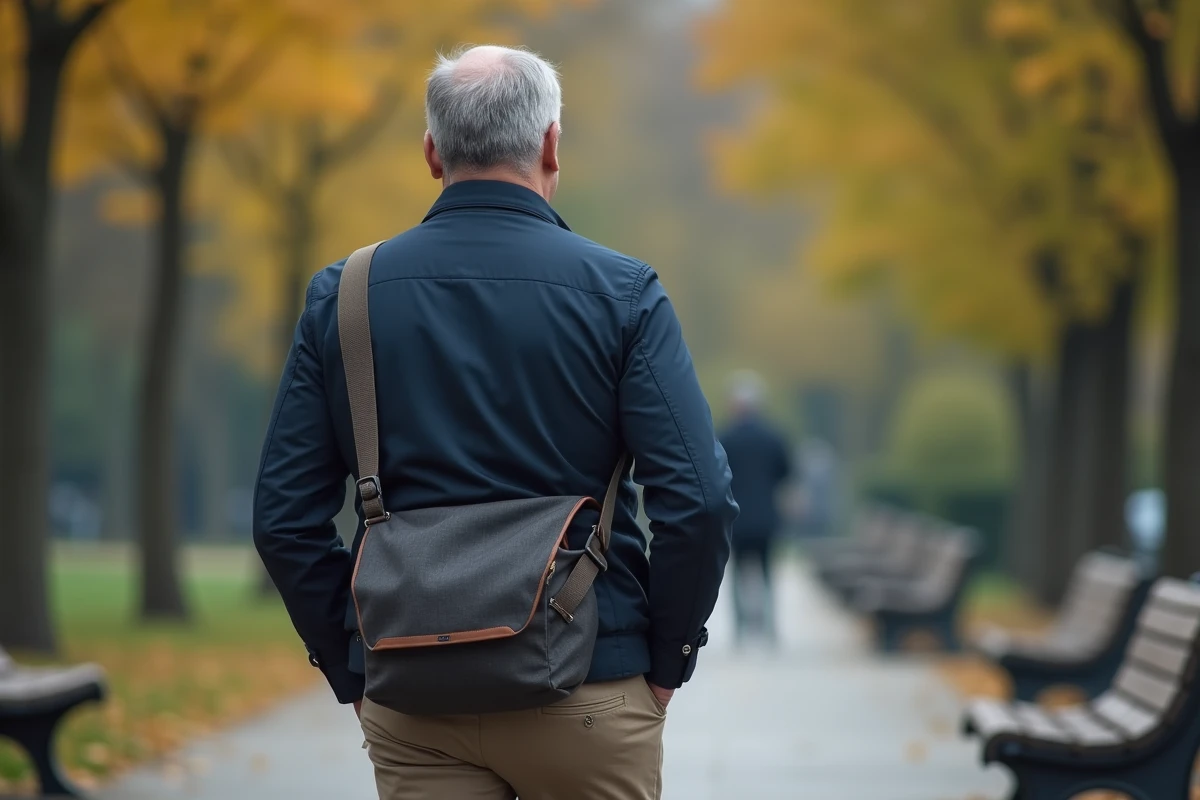 Homme marchant dans un parc urbain avec sac à bandouliere