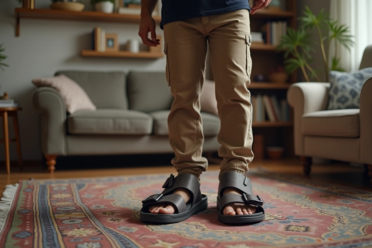 Jeune homme comparant des sandales dans un salon cosy