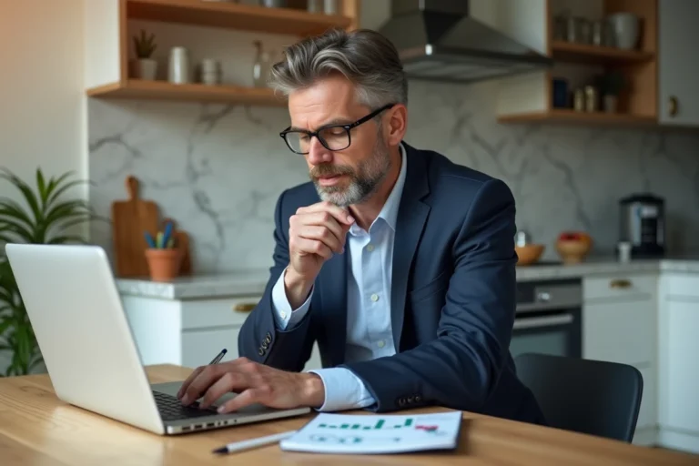 Homme d'âge moyen analysant des graphiques d'investissement à la maison